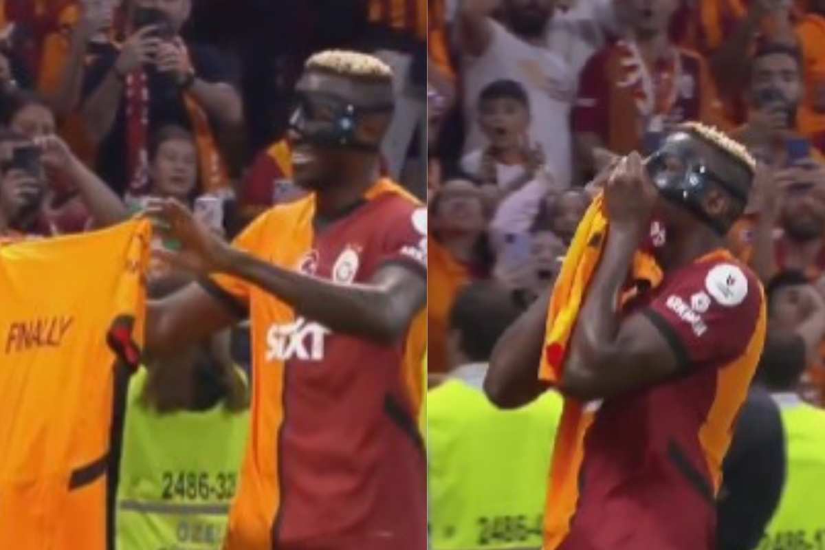 Osimhen bacia e mostra la maglia del Galatasaray