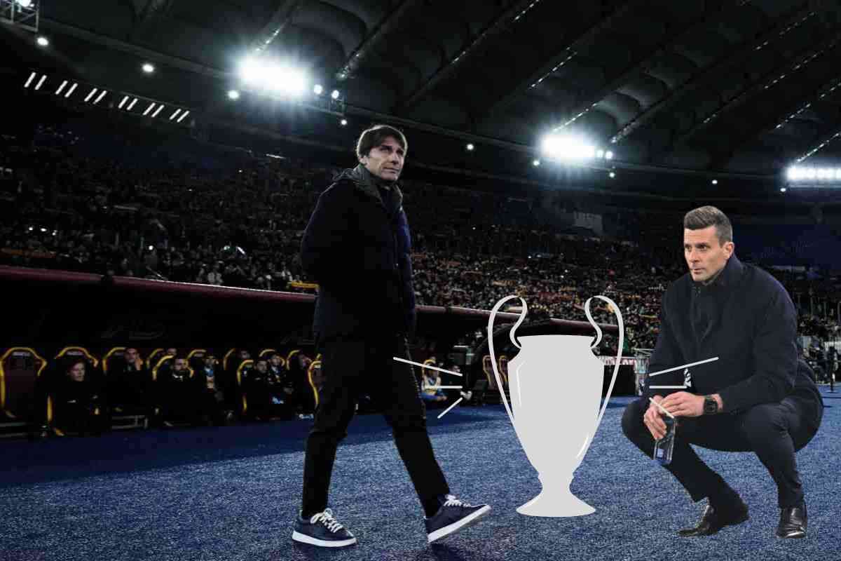 Antonio Conte e Thiago Motta con in mezzo la coppa della champions league